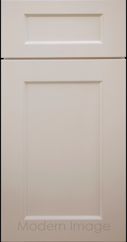 Laguna Beige painted Shaker kitchen cabinet door with wide stiles & rails, inside profile and a flat center panel.